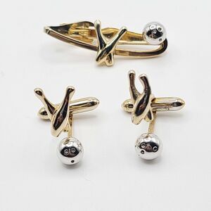 Vintage Swank Bowling Ball Cufflinks & Tie Clip Set Gift Bowler Silver Gold Tone